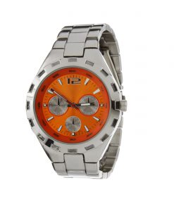 Mens chrome sport wrist watch with orange face